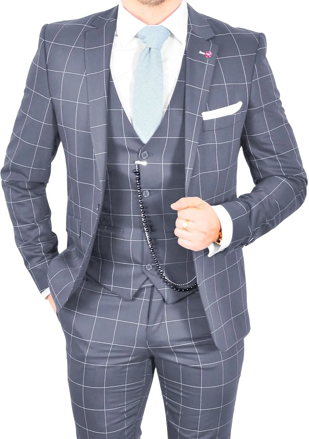 Wangyue Plaid Suit for Men Slim Fit 3 Piece Checked Suits Formal Two Buttons Wedding Business Suits Blazer Vest Pants Set
