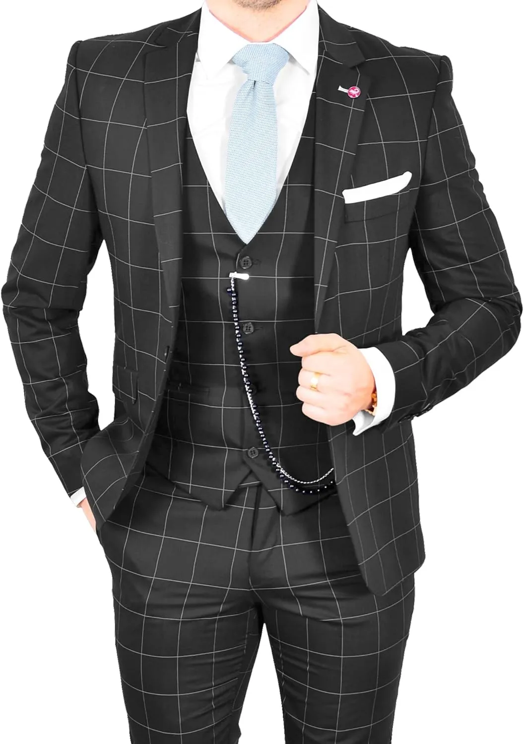 Wangyue Plaid Suit for Men Slim Fit 3 Piece Checked Suits Formal Two Buttons Wedding Business Suits Blazer Vest Pants Set