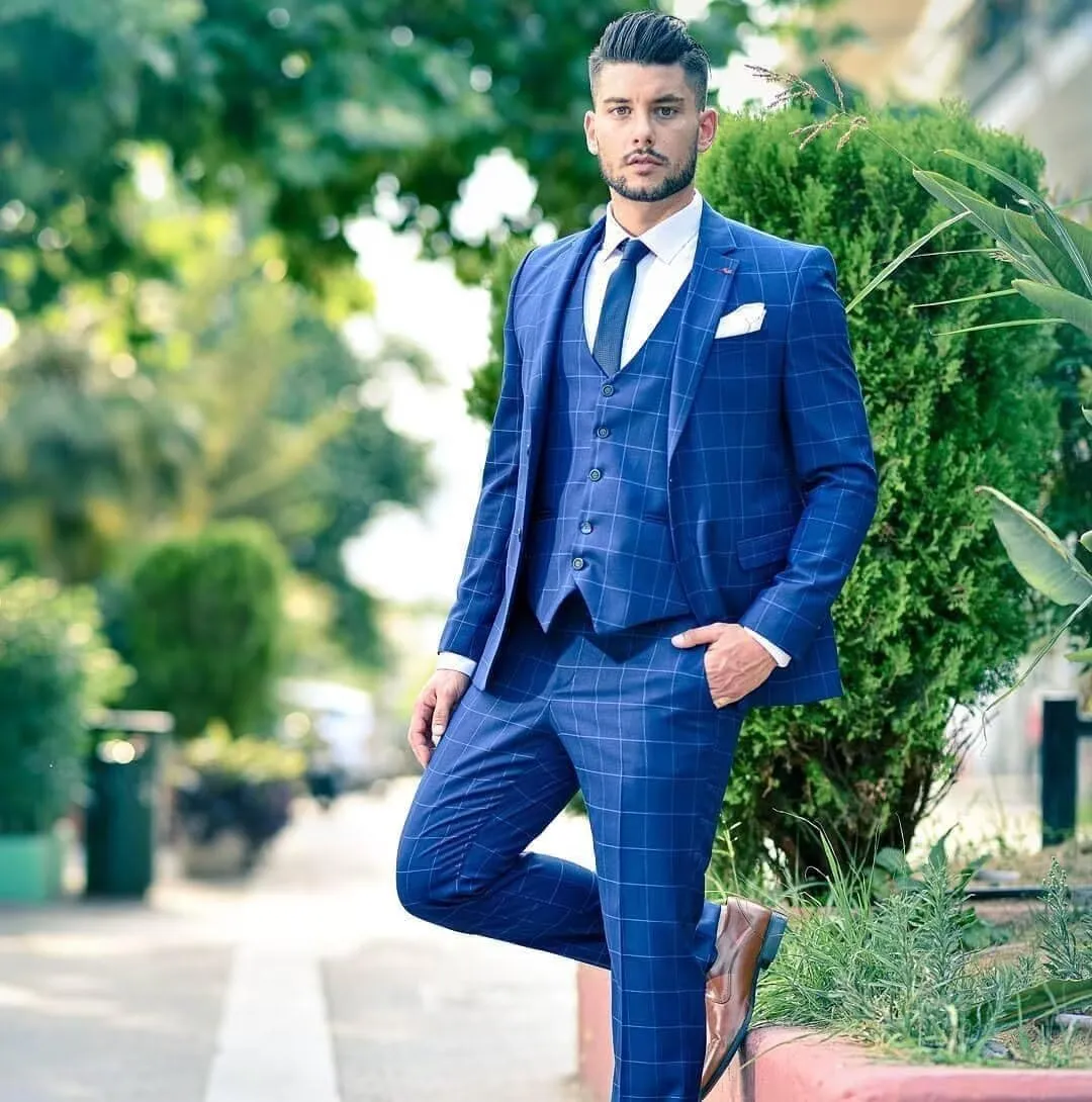 Wangyue Plaid Suit for Men Slim Fit 3 Piece Checked Suits Formal Two Buttons Wedding Business Suits Blazer Vest Pants Set