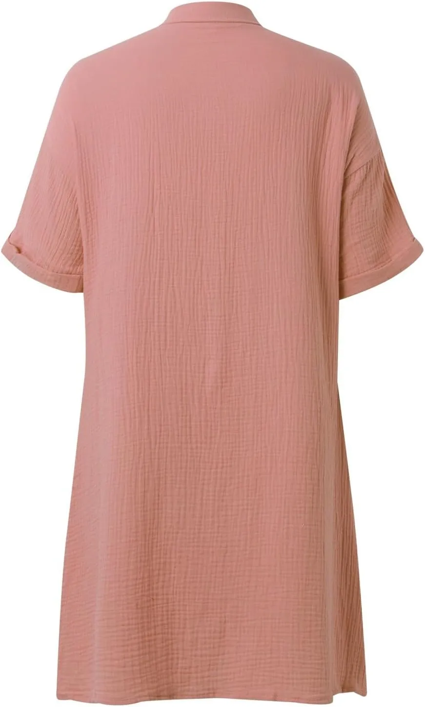 Women Button Down Dress Loose Summer Cotton Linen Dress Casual Dress Short Sleeve Tunic Dress with Pockets