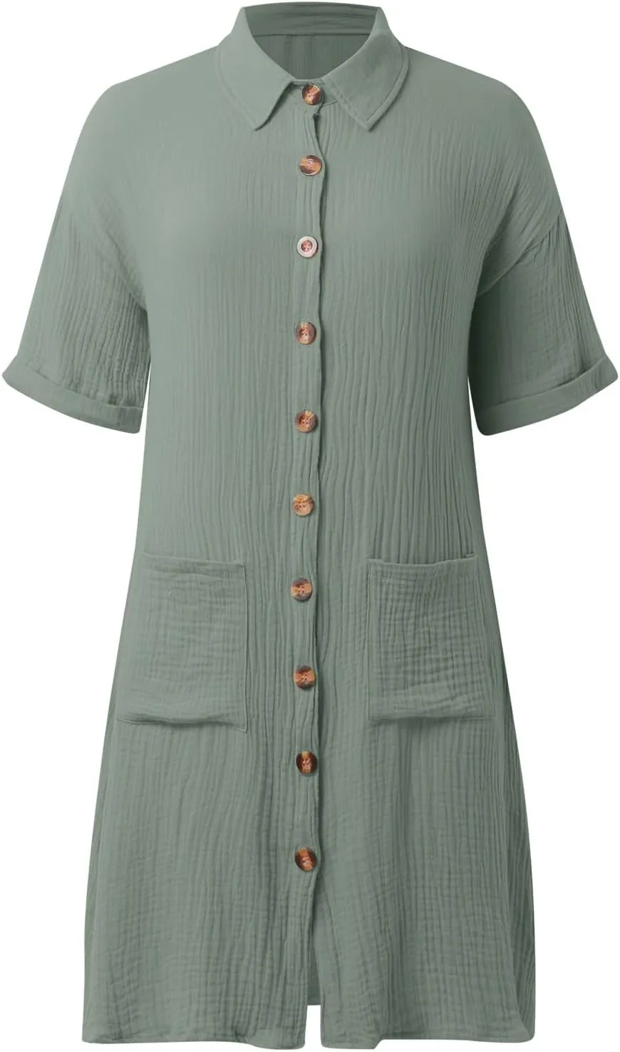 Women Button Down Dress Loose Summer Cotton Linen Dress Casual Dress Short Sleeve Tunic Dress with Pockets