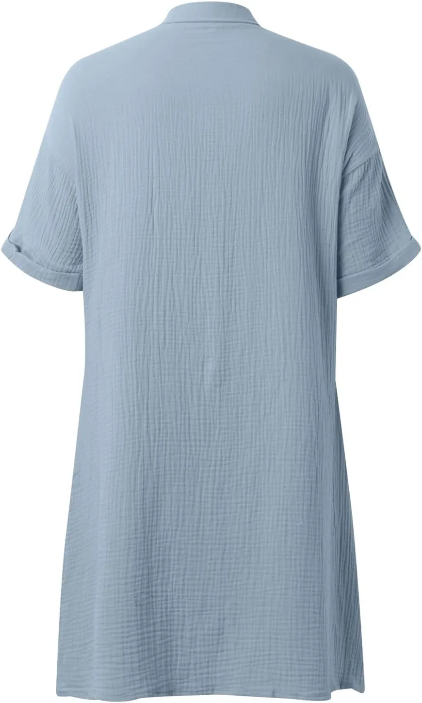 Women Button Down Dress Loose Summer Cotton Linen Dress Casual Dress Short Sleeve Tunic Dress with Pockets