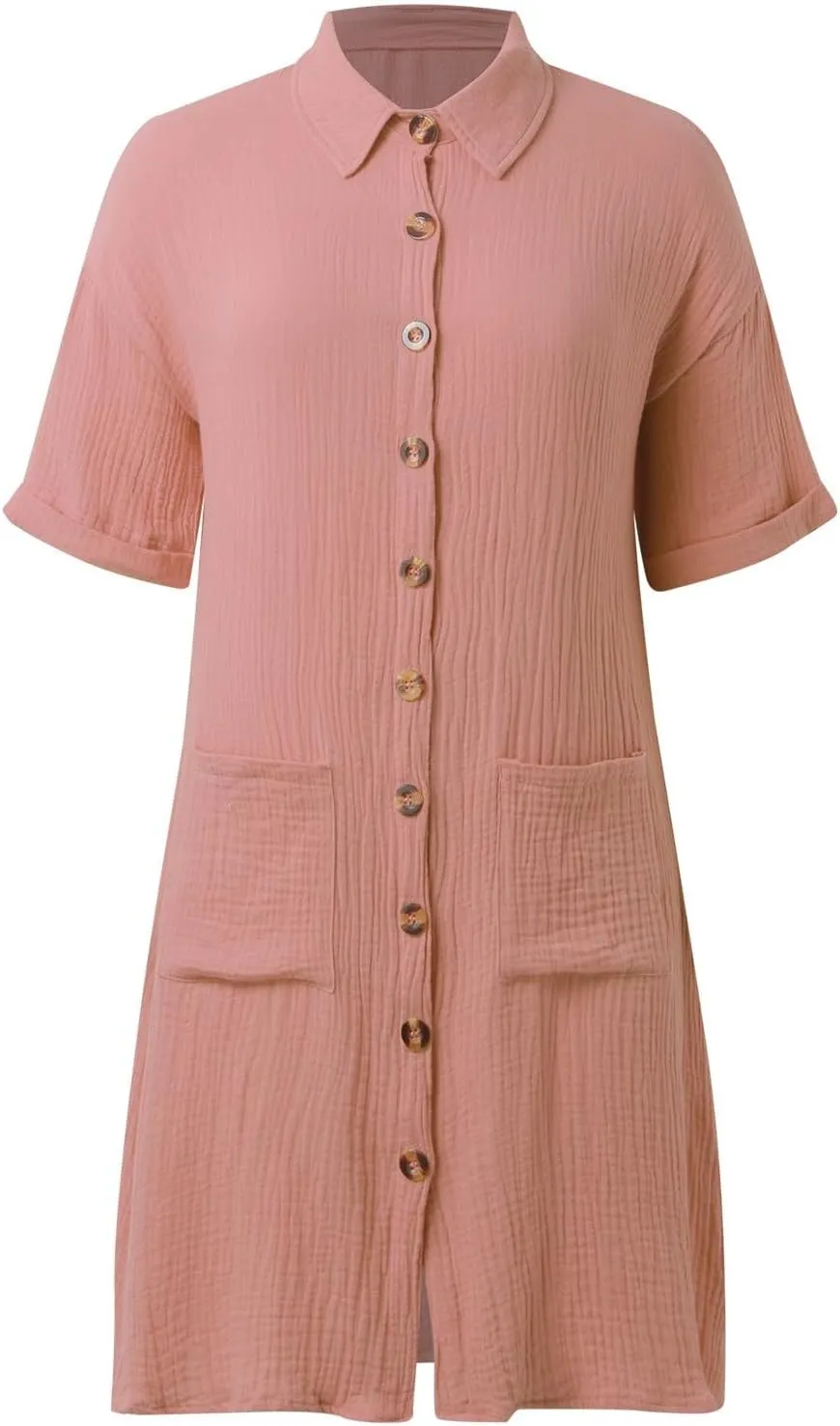 Women Button Down Dress Loose Summer Cotton Linen Dress Casual Dress Short Sleeve Tunic Dress with Pockets