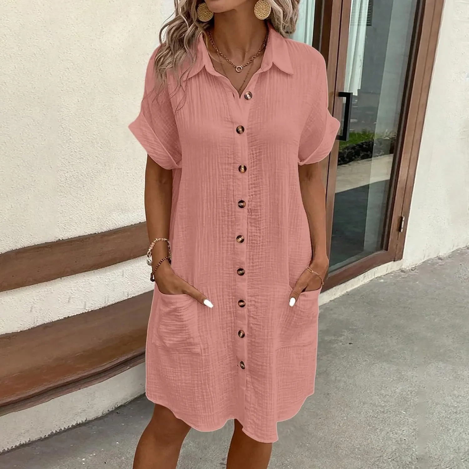Women Button Down Dress Loose Summer Cotton Linen Dress Casual Dress Short Sleeve Tunic Dress with Pockets