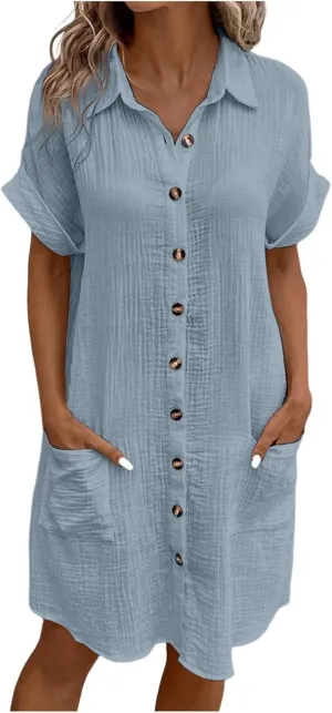 Women Button Down Dress Loose Summer Cotton Linen Dress Casual Dress Short Sleeve Tunic Dress with Pockets
