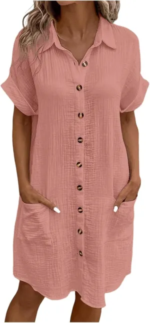 Women Button Down Dress Loose Summer Cotton Linen Dress Casual Dress Short Sleeve Tunic Dress with Pockets