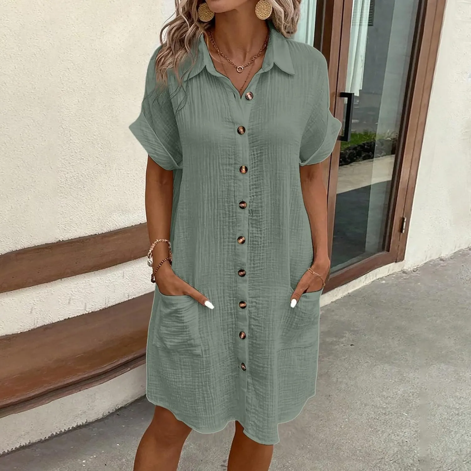 Women Button Down Dress Loose Summer Cotton Linen Dress Casual Dress Short Sleeve Tunic Dress with Pockets