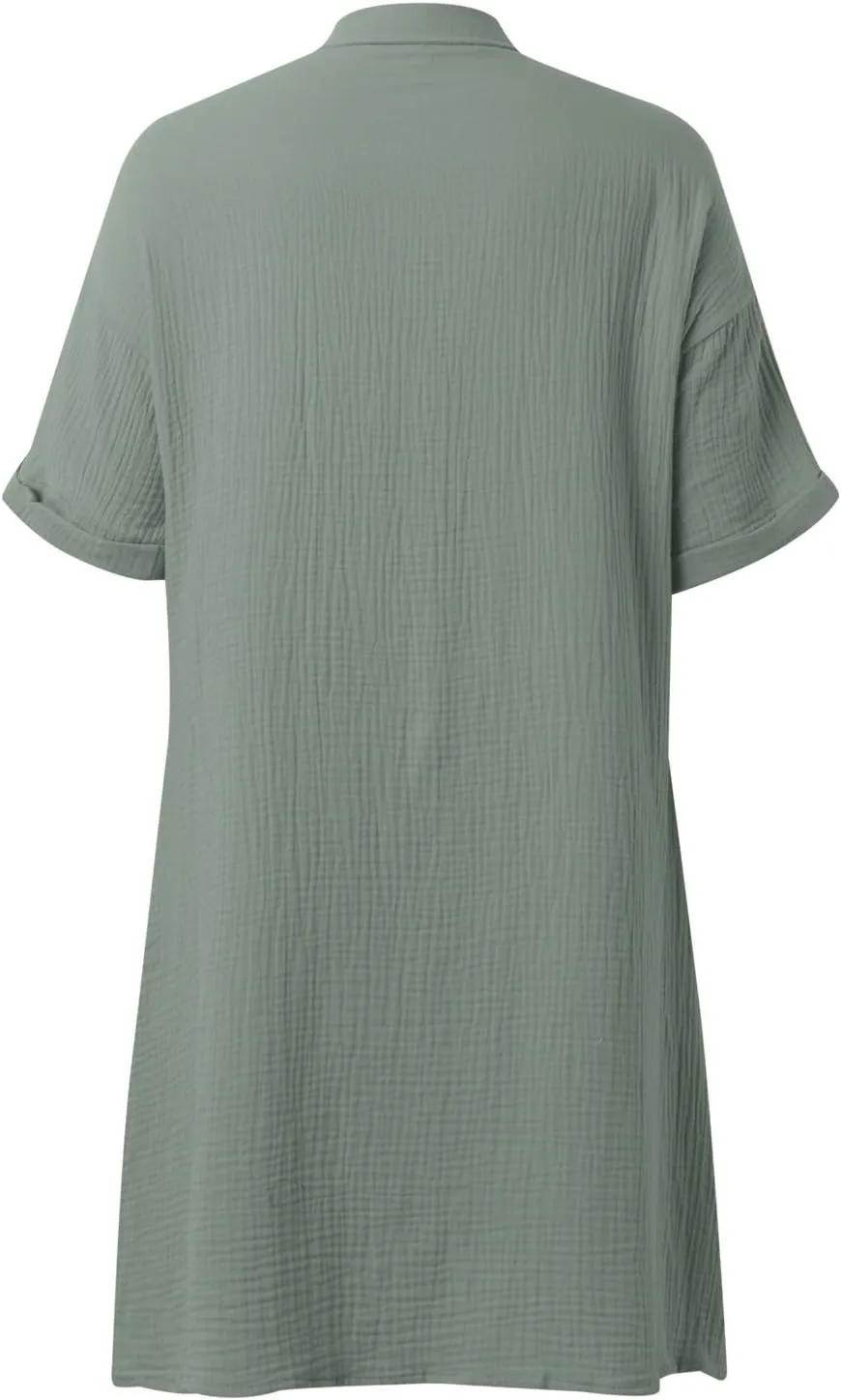 Women Button Down Dress Loose Summer Cotton Linen Dress Casual Dress Short Sleeve Tunic Dress with Pockets