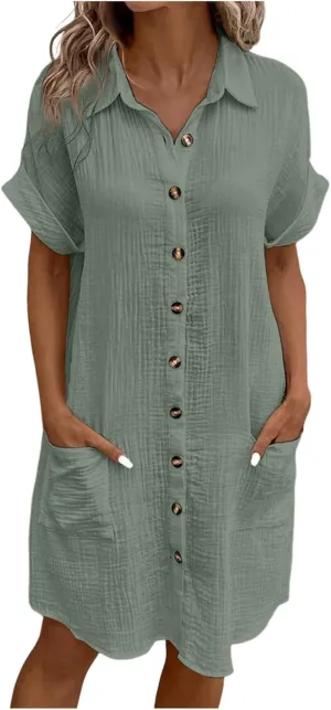 Women Button Down Dress Loose Summer Cotton Linen Dress Casual Dress Short Sleeve Tunic Dress with Pockets