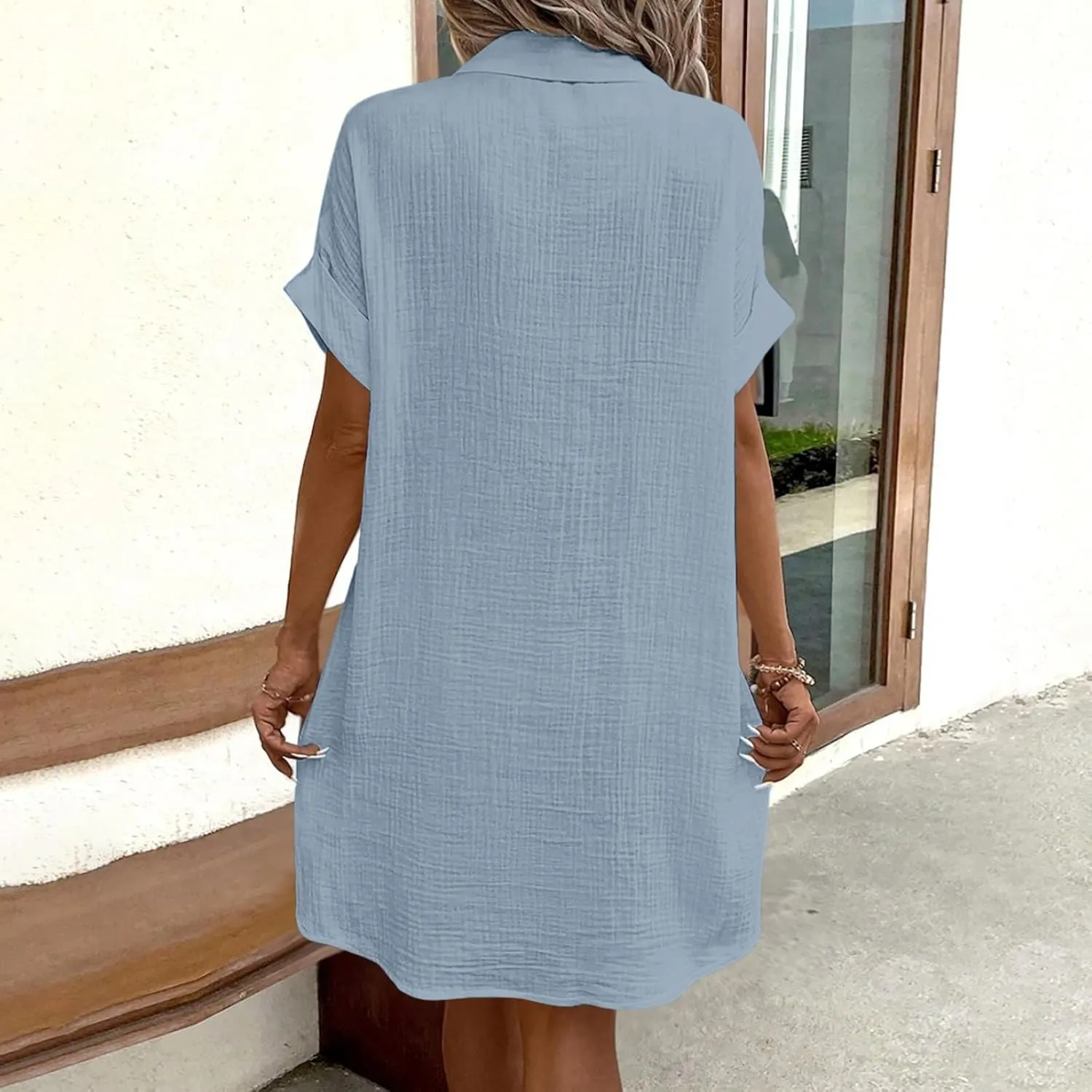 Women Button Down Dress Loose Summer Cotton Linen Dress Casual Dress Short Sleeve Tunic Dress with Pockets