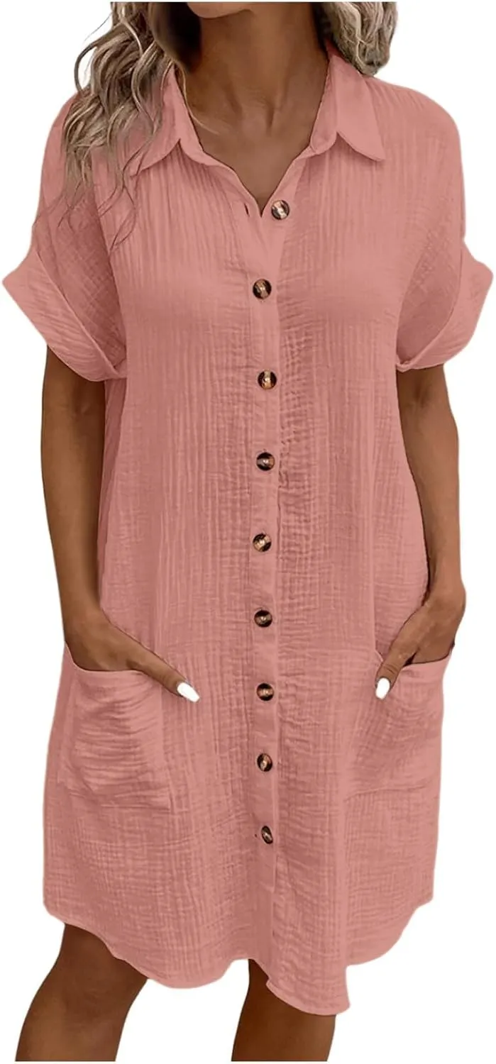 Women Button Down Dress Loose Summer Cotton Linen Dress Casual Dress Short Sleeve Tunic Dress with Pockets