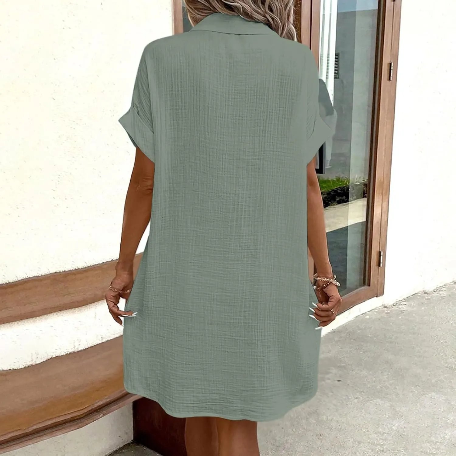 Women Button Down Dress Loose Summer Cotton Linen Dress Casual Dress Short Sleeve Tunic Dress with Pockets