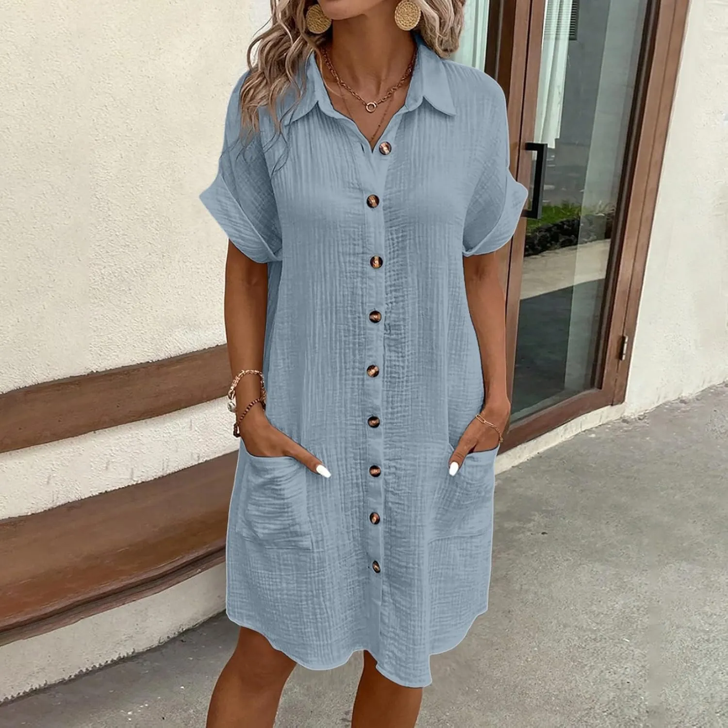 Women Button Down Dress Loose Summer Cotton Linen Dress Casual Dress Short Sleeve Tunic Dress with Pockets