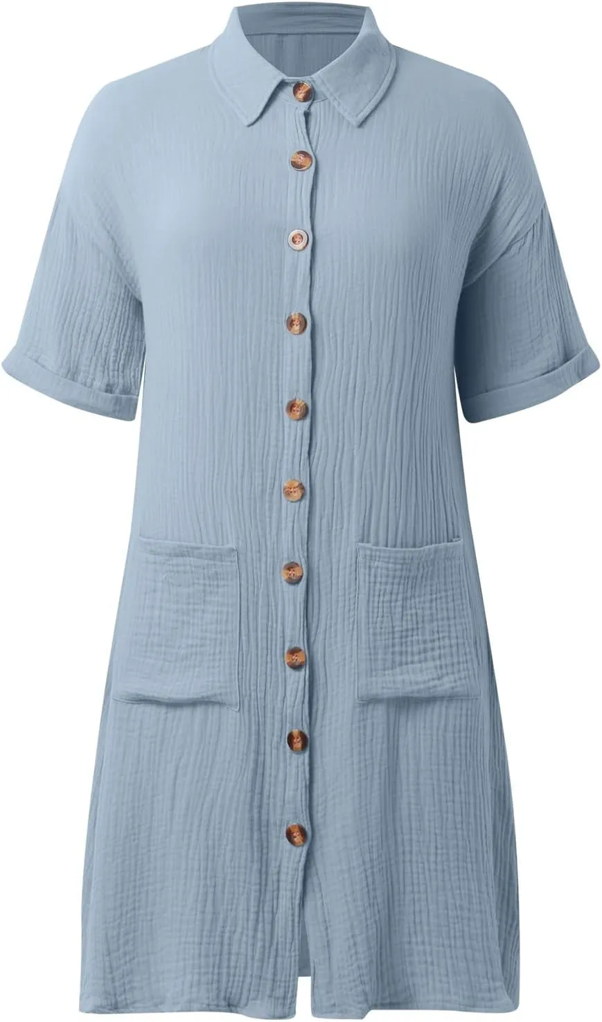 Women Button Down Dress Loose Summer Cotton Linen Dress Casual Dress Short Sleeve Tunic Dress with Pockets