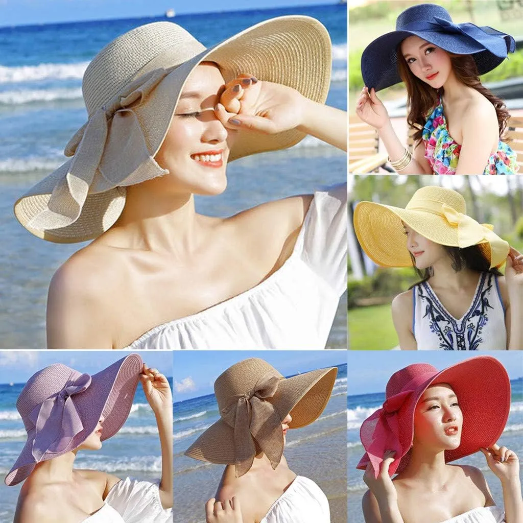 Women Fashion Sun Straw Hat Wide Brim Roll Up Lounce Beach Bowknot Floppy UV Protection Beach Travel Camping Foldable