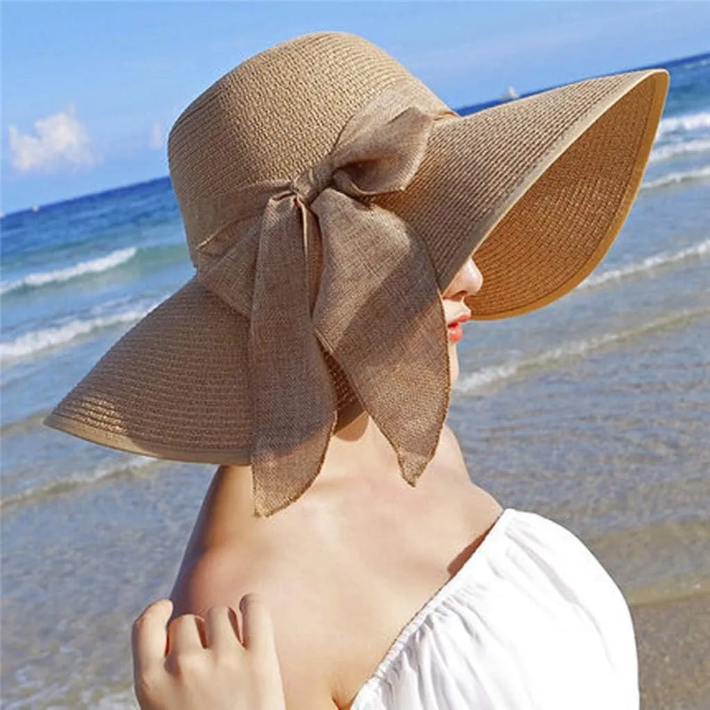 Women Fashion Sun Straw Hat Wide Brim Roll Up Lounce Beach Bowknot Floppy UV Protection Beach Travel Camping Foldable