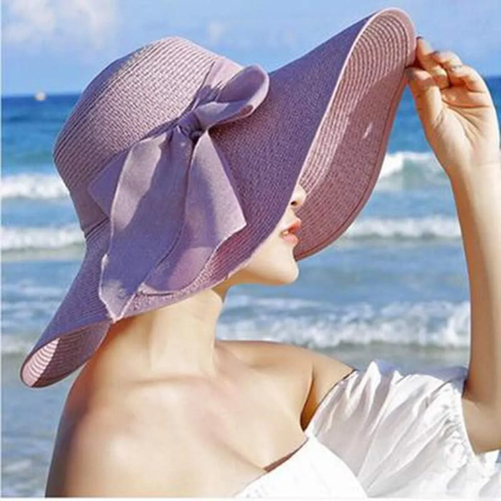 Women Fashion Sun Straw Hat Wide Brim Roll Up Lounce Beach Bowknot Floppy UV Protection Beach Travel Camping Foldable