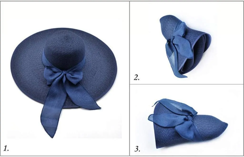 Women Fashion Sun Straw Hat Wide Brim Roll Up Lounce Beach Bowknot Floppy UV Protection Beach Travel Camping Foldable