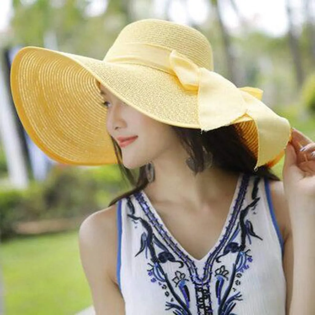 Women Fashion Sun Straw Hat Wide Brim Roll Up Lounce Beach Bowknot Floppy UV Protection Beach Travel Camping Foldable