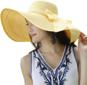 Women Fashion Sun Straw Hat Wide Brim Roll Up Lounce Beach Bowknot Floppy UV Protection Beach Travel Camping Foldable