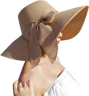 Women Fashion Sun Straw Hat Wide Brim Roll Up Lounce Beach Bowknot Floppy UV Protection Beach Travel Camping Foldable