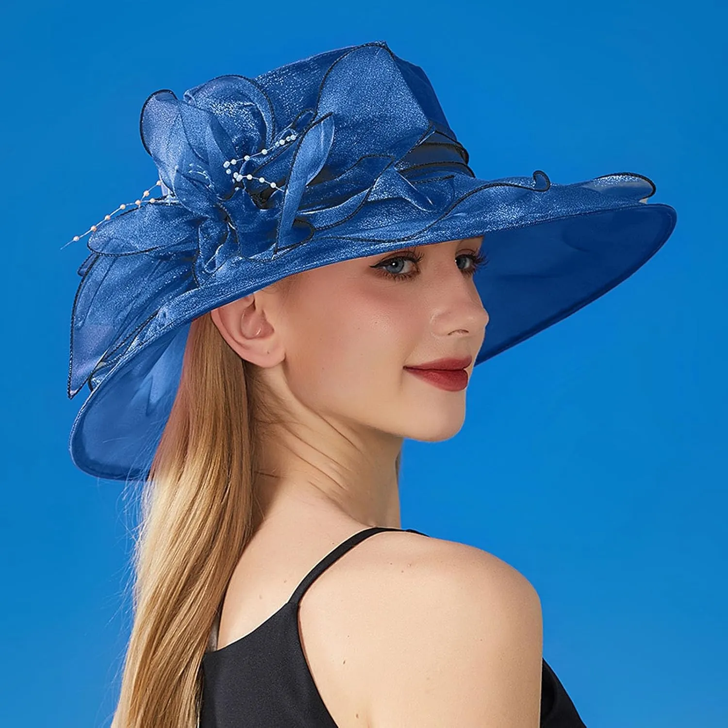 Women Organza-Kentucky Sun Hat Bridal Bow Flower Church-Derby Fascinators Bowler-Hat Wide Brim Wedding Party Cocktail