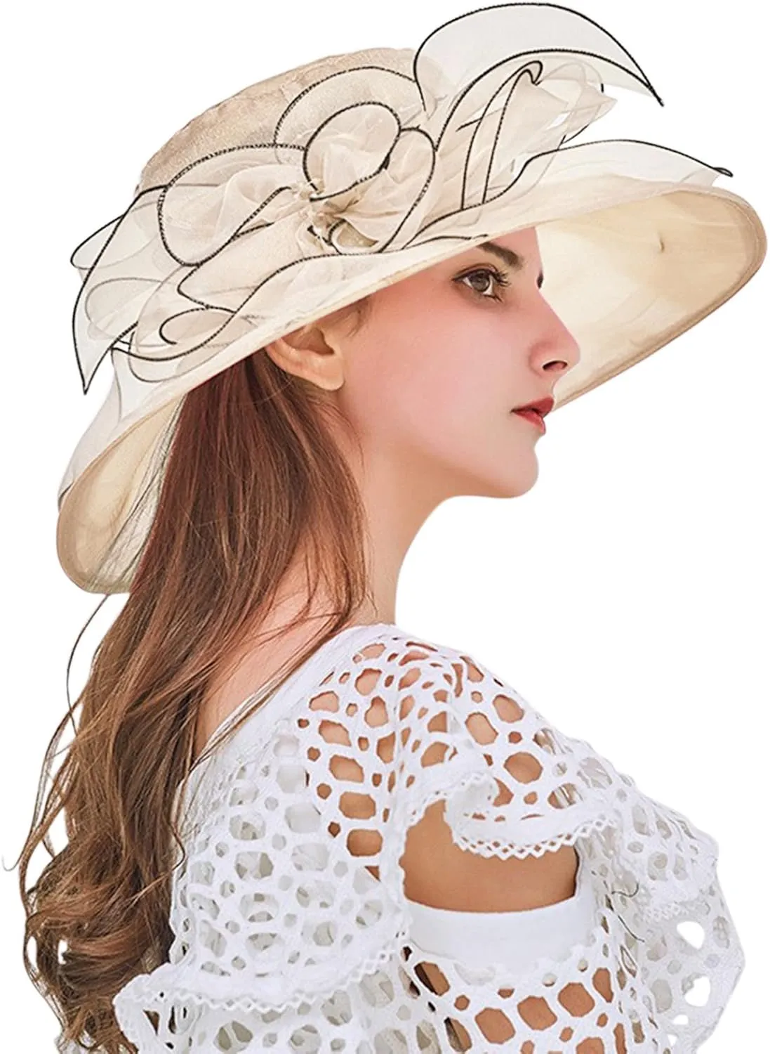 Women Organza-Kentucky Sun Hat Bridal Bow Flower Church-Derby Fascinators Bowler-Hat Wide Brim Wedding Party Cocktail