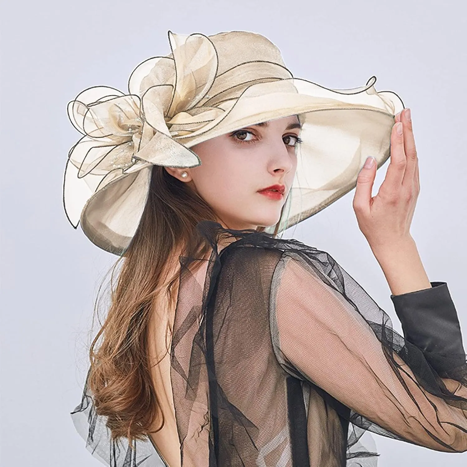 Women Organza-Kentucky Sun Hat Bridal Bow Flower Church-Derby Fascinators Bowler-Hat Wide Brim Wedding Party Cocktail