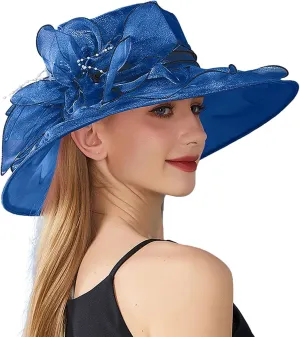 Women Organza-Kentucky Sun Hat Bridal Bow Flower Church-Derby Fascinators Bowler-Hat Wide Brim Wedding Party Cocktail