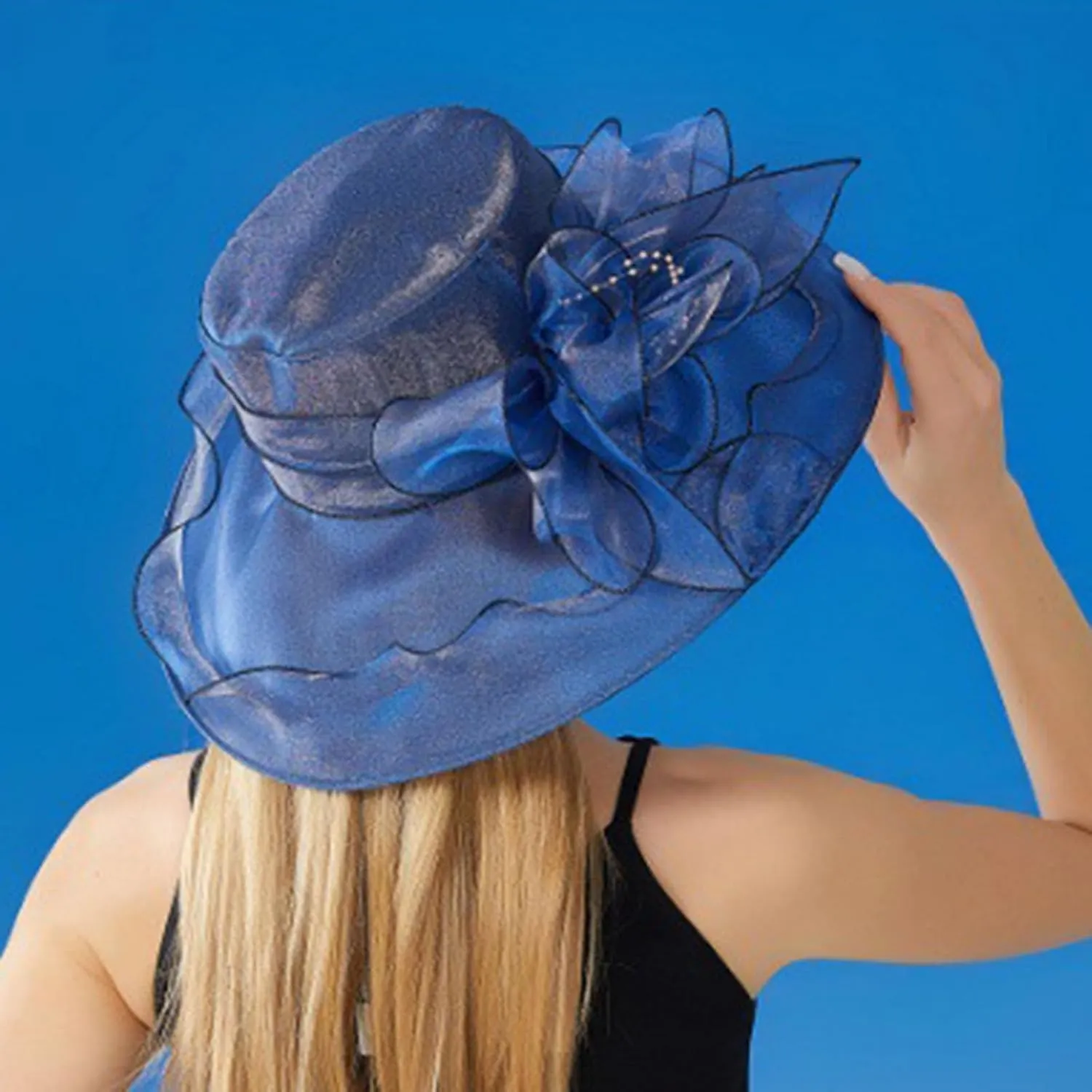 Women Organza-Kentucky Sun Hat Bridal Bow Flower Church-Derby Fascinators Bowler-Hat Wide Brim Wedding Party Cocktail