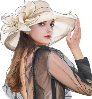 Women Organza-Kentucky Sun Hat Bridal Bow Flower Church-Derby Fascinators Bowler-Hat Wide Brim Wedding Party Cocktail