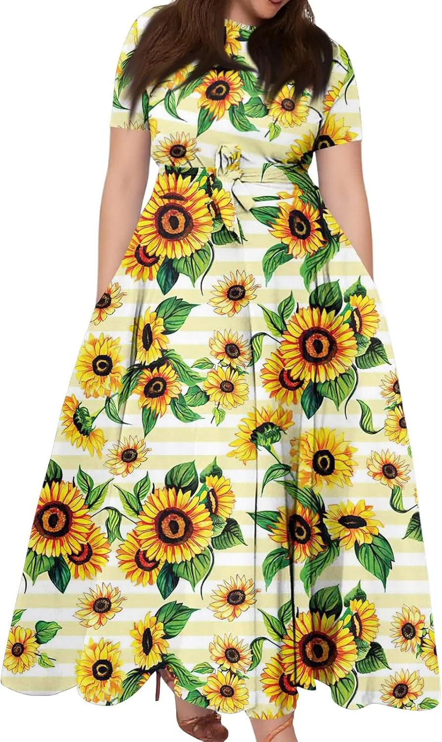Women Plus Size Short Sleeve Dresses Summer Casual Maxi Dress Crew Neck Floral Flowy Beach A Line Dress with Pockets