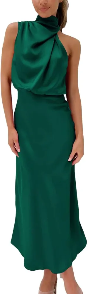 Women Sleeveless Dresses Mock Neck Cocktail Party Wedding Guest Dress Satin High Split Maxi Evening Summer Dress