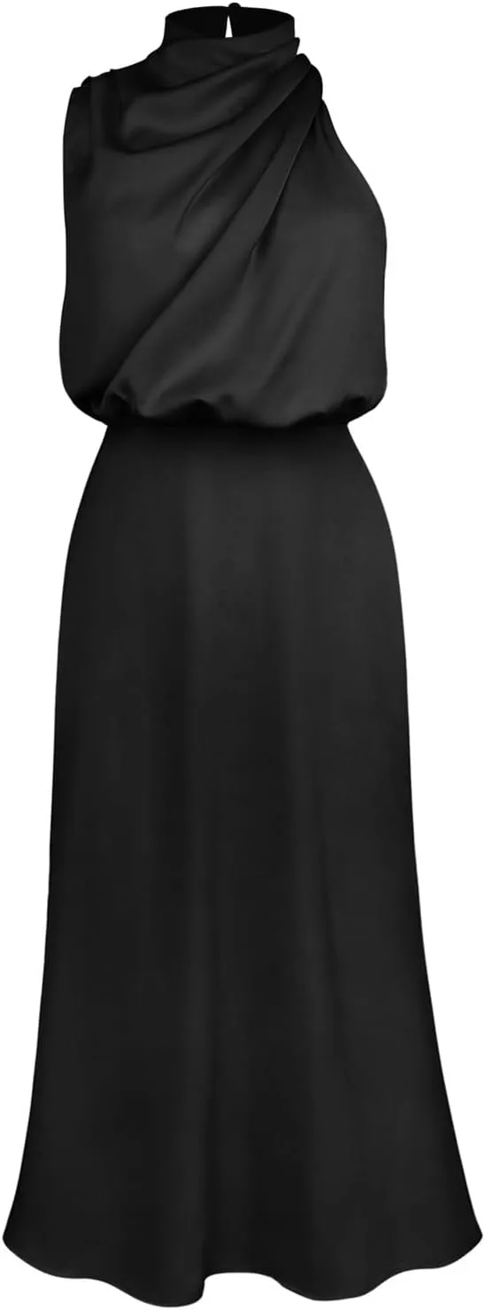 Women Sleeveless Dresses Mock Neck Cocktail Party Wedding Guest Dress Satin High Split Maxi Evening Summer Dress