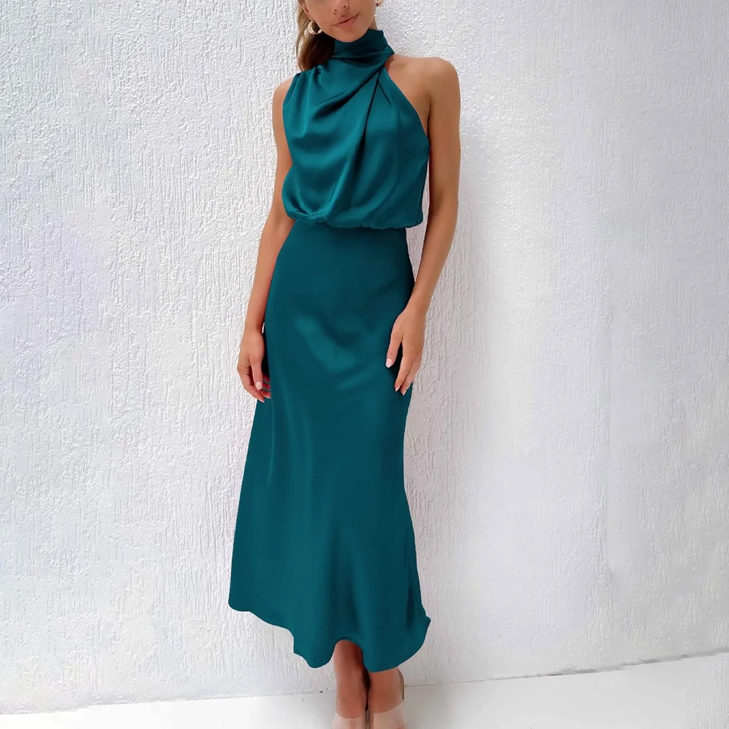Women Sleeveless Dresses Mock Neck Cocktail Party Wedding Guest Dress Satin High Split Maxi Evening Summer Dress