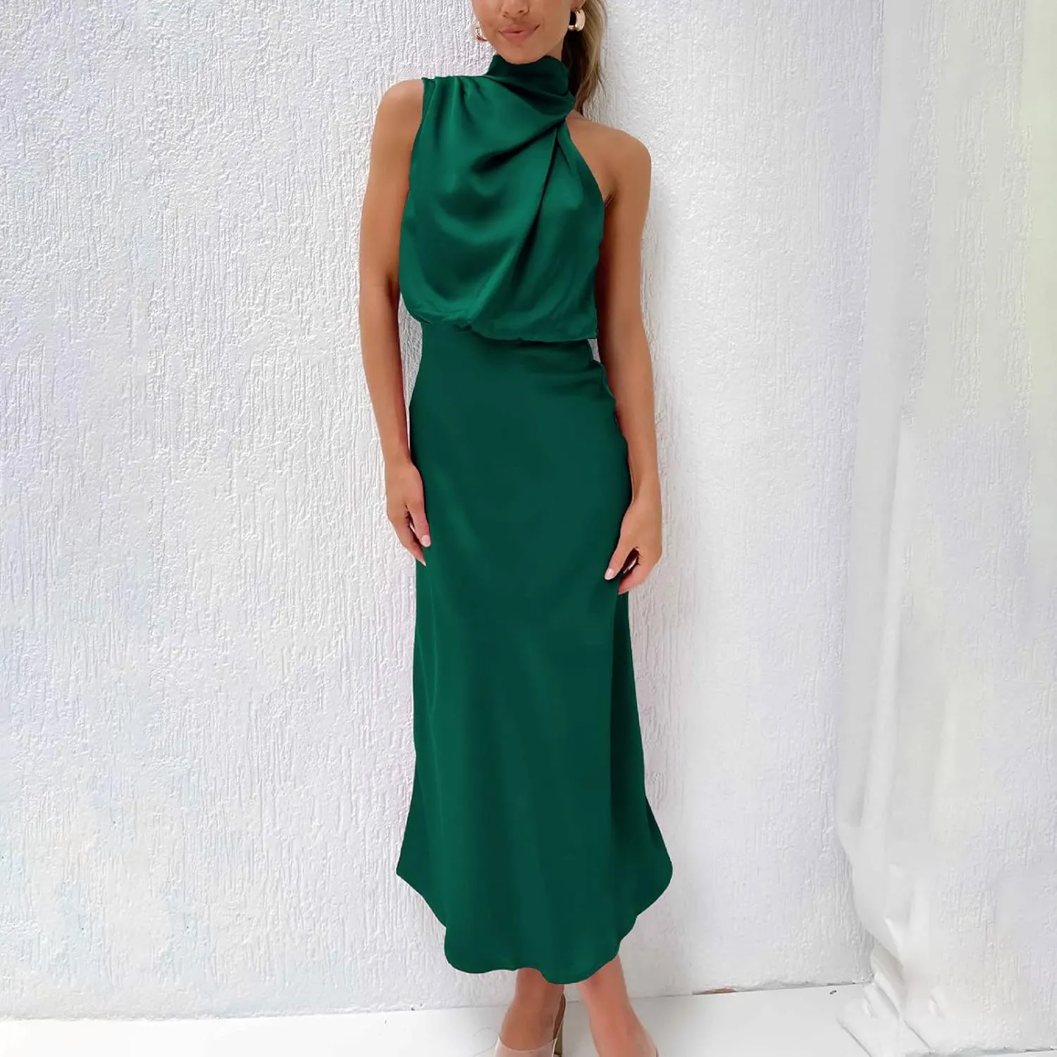 Women Sleeveless Dresses Mock Neck Cocktail Party Wedding Guest Dress Satin High Split Maxi Evening Summer Dress