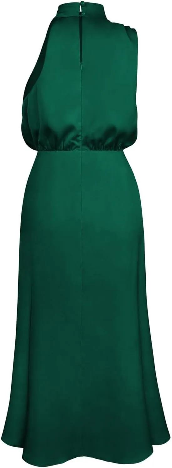 Women Sleeveless Dresses Mock Neck Cocktail Party Wedding Guest Dress Satin High Split Maxi Evening Summer Dress