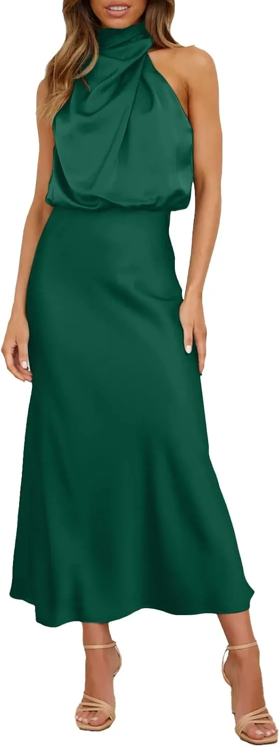 Women Sleeveless Dresses Mock Neck Cocktail Party Wedding Guest Dress Satin High Split Maxi Evening Summer Dress