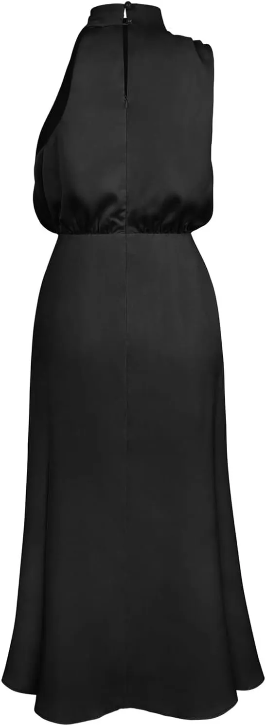 Women Sleeveless Dresses Mock Neck Cocktail Party Wedding Guest Dress Satin High Split Maxi Evening Summer Dress