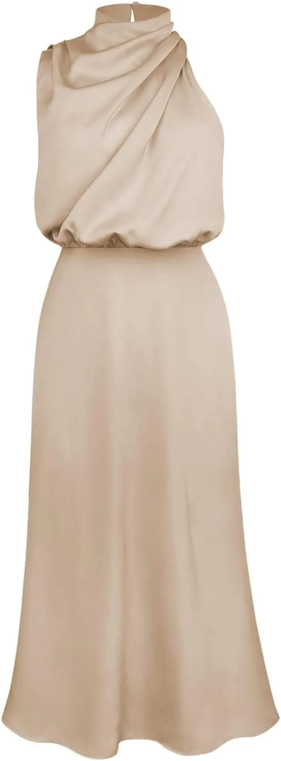 Women Sleeveless Dresses Mock Neck Cocktail Party Wedding Guest Dress Satin High Split Maxi Evening Summer Dress