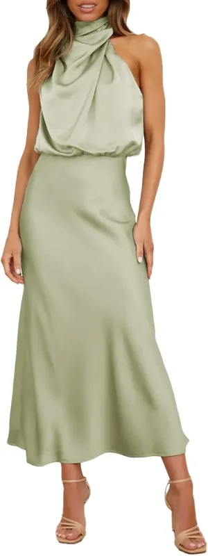 Women Sleeveless Dresses Mock Neck Cocktail Party Wedding Guest Dress Satin High Split Maxi Evening Summer Dress