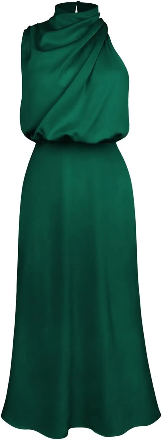 Women Sleeveless Dresses Mock Neck Cocktail Party Wedding Guest Dress Satin High Split Maxi Evening Summer Dress