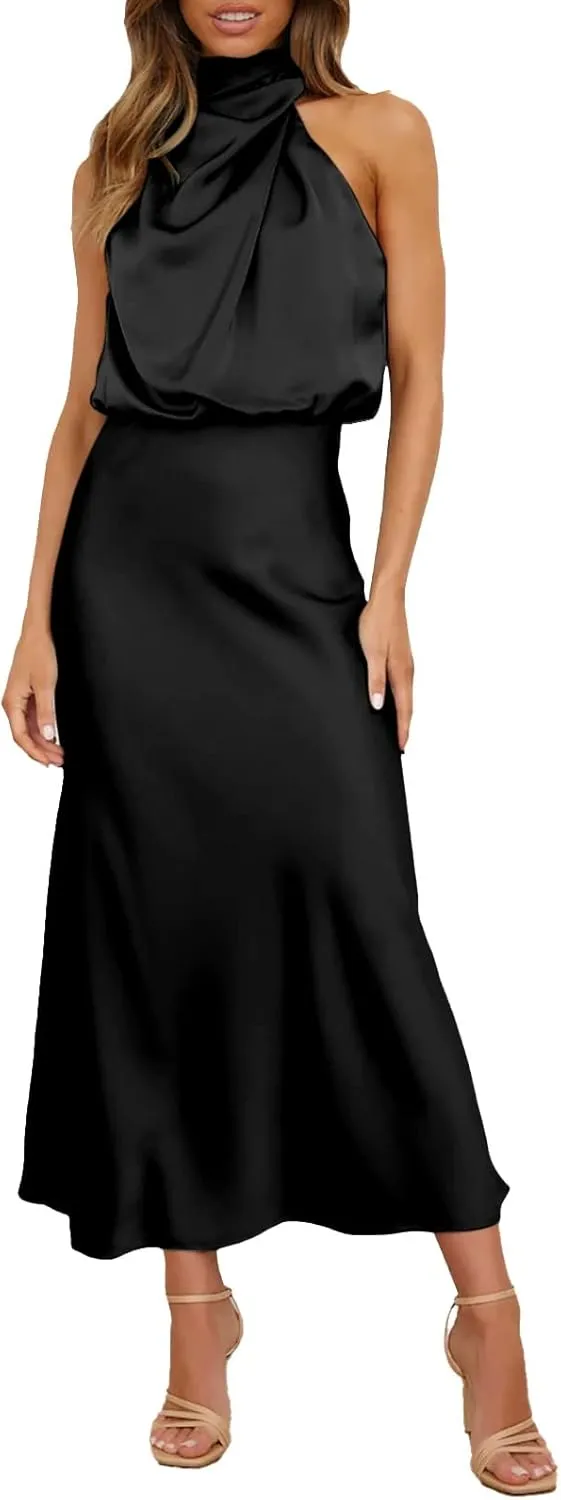 Women Sleeveless Dresses Mock Neck Cocktail Party Wedding Guest Dress Satin High Split Maxi Evening Summer Dress