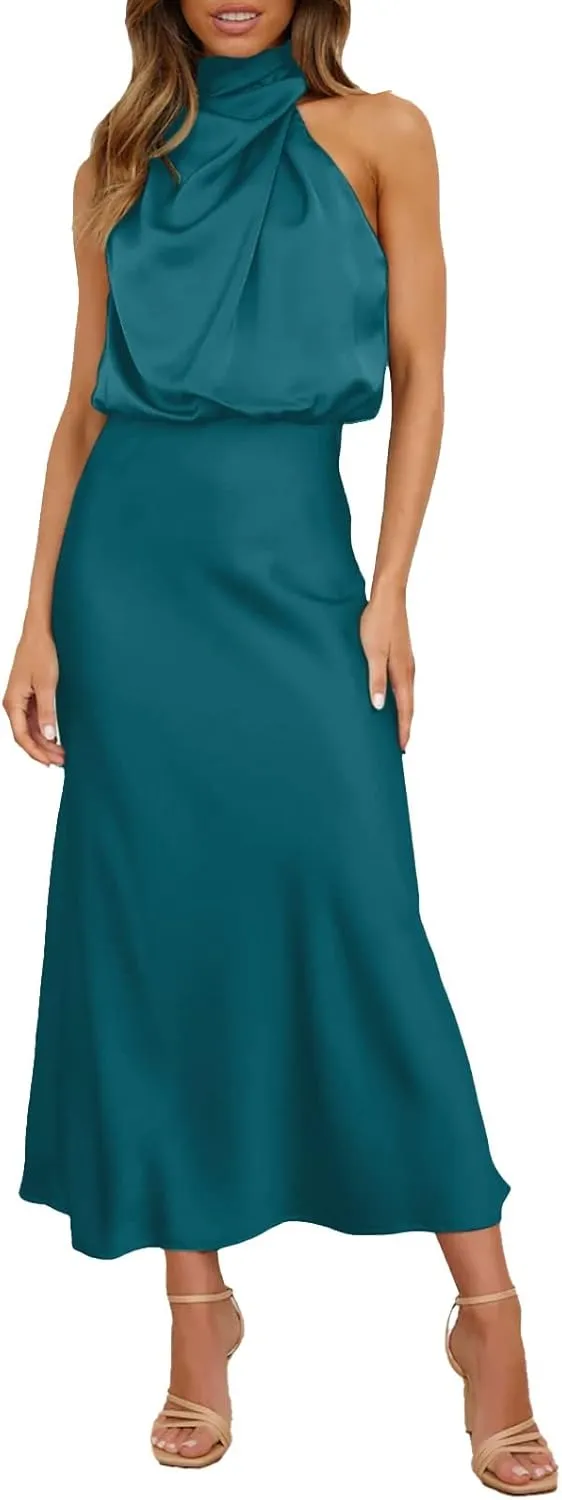 Women Sleeveless Dresses Mock Neck Cocktail Party Wedding Guest Dress Satin High Split Maxi Evening Summer Dress
