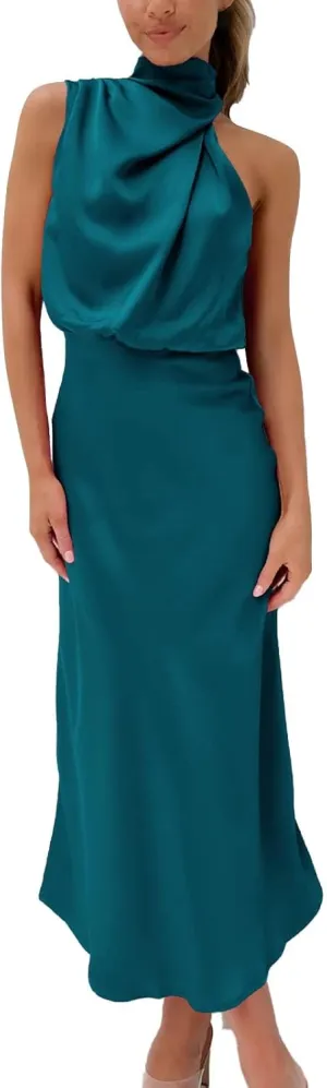 Women Sleeveless Dresses Mock Neck Cocktail Party Wedding Guest Dress Satin High Split Maxi Evening Summer Dress