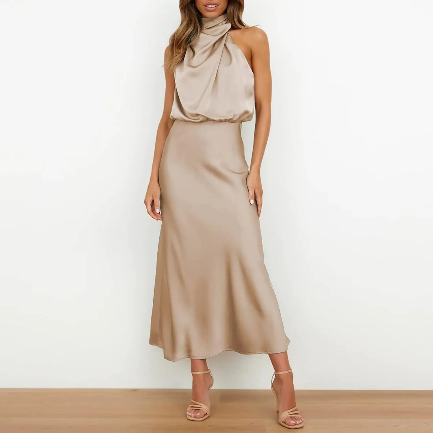 Women Sleeveless Dresses Mock Neck Cocktail Party Wedding Guest Dress Satin High Split Maxi Evening Summer Dress