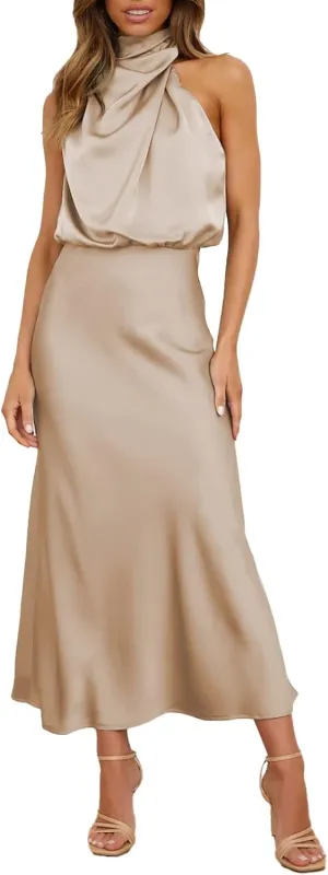 Women Sleeveless Dresses Mock Neck Cocktail Party Wedding Guest Dress Satin High Split Maxi Evening Summer Dress