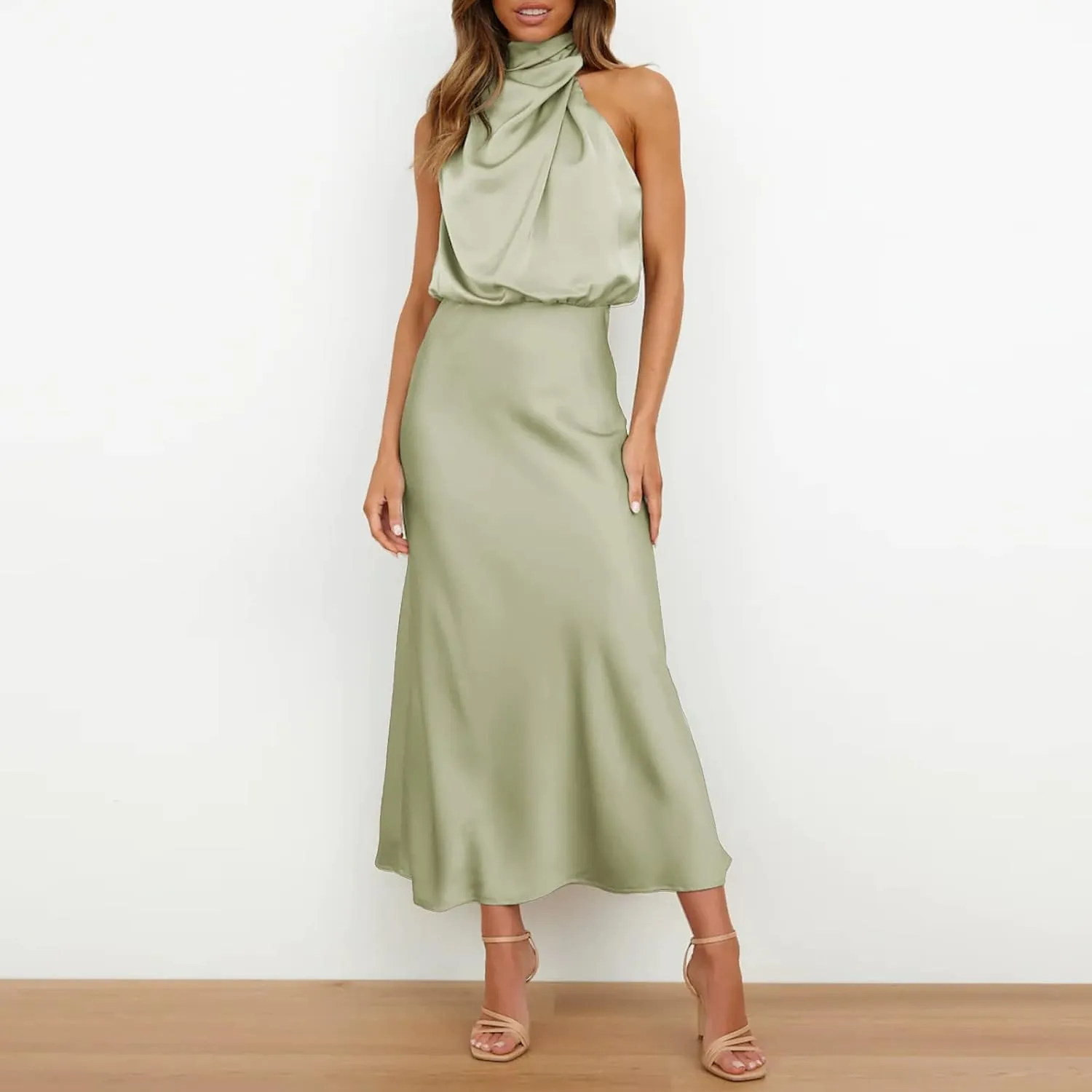 Women Sleeveless Dresses Mock Neck Cocktail Party Wedding Guest Dress Satin High Split Maxi Evening Summer Dress