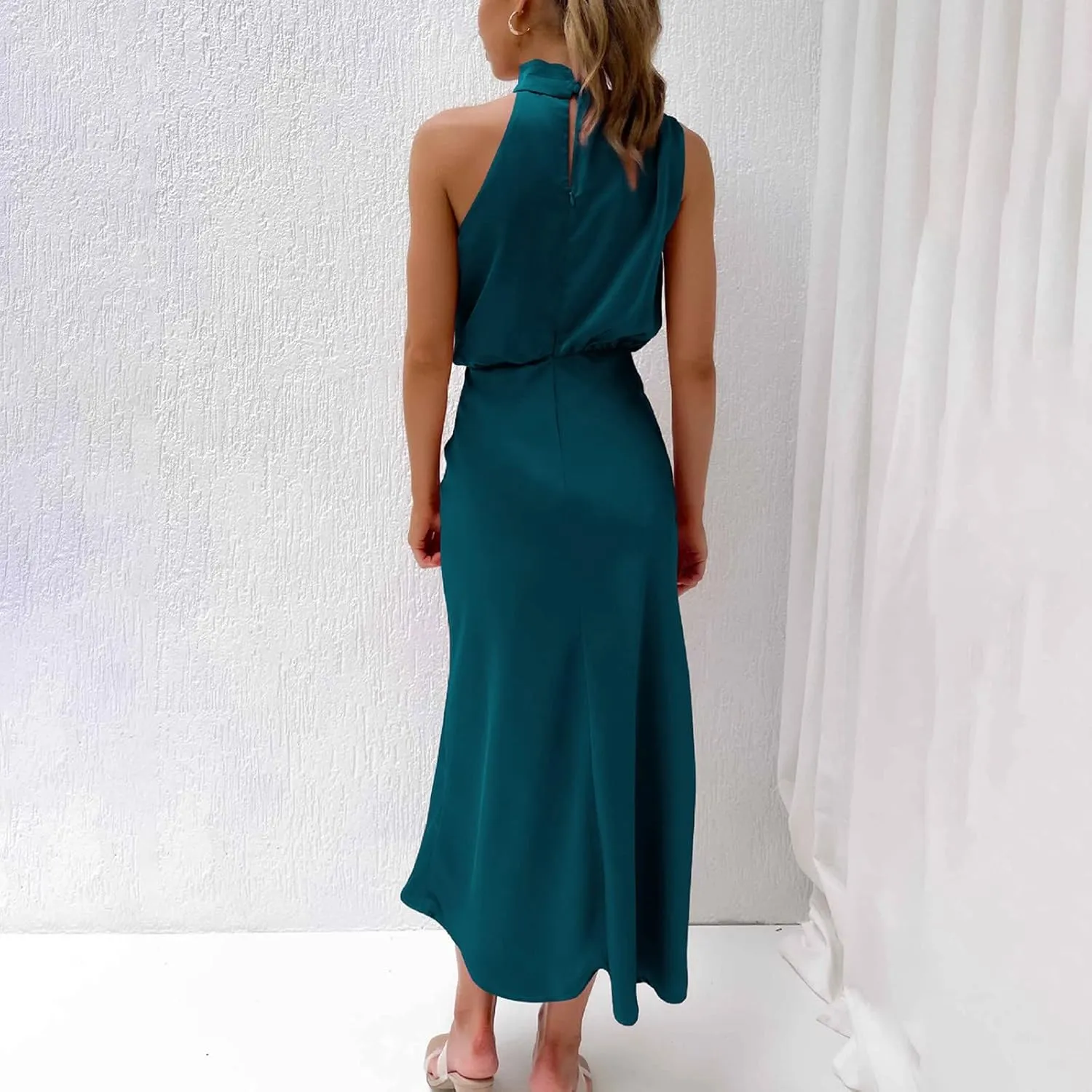 Women Sleeveless Dresses Mock Neck Cocktail Party Wedding Guest Dress Satin High Split Maxi Evening Summer Dress