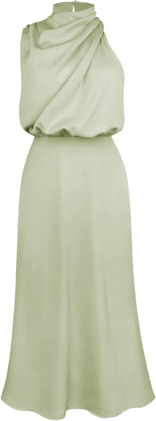 Women Sleeveless Dresses Mock Neck Cocktail Party Wedding Guest Dress Satin High Split Maxi Evening Summer Dress
